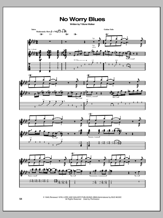 Download T-Bone Walker No Worry Blues Sheet Music and learn how to play Guitar Tab PDF digital score in minutes