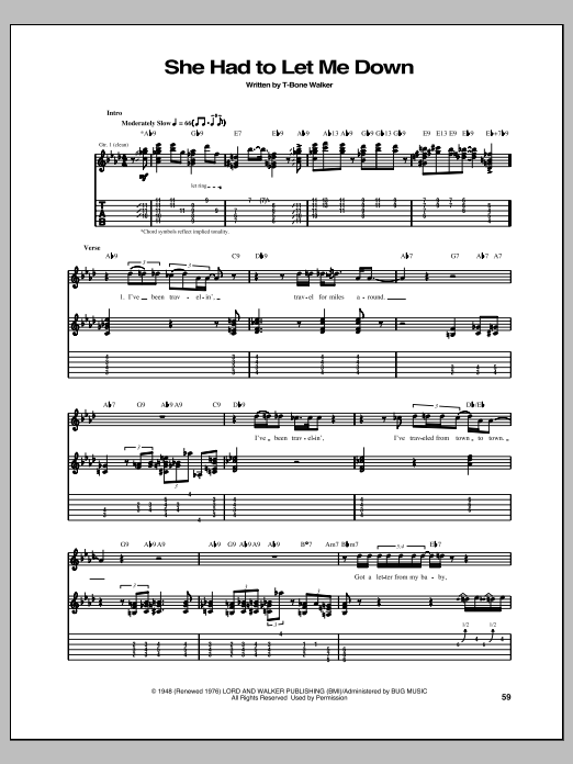 Download T-Bone Walker She Had To Let Me Down Sheet Music and learn how to play Guitar Tab PDF digital score in minutes