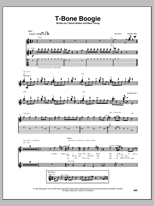 Download T-Bone Walker T-Bone Boogie Sheet Music and learn how to play Guitar Tab PDF digital score in minutes