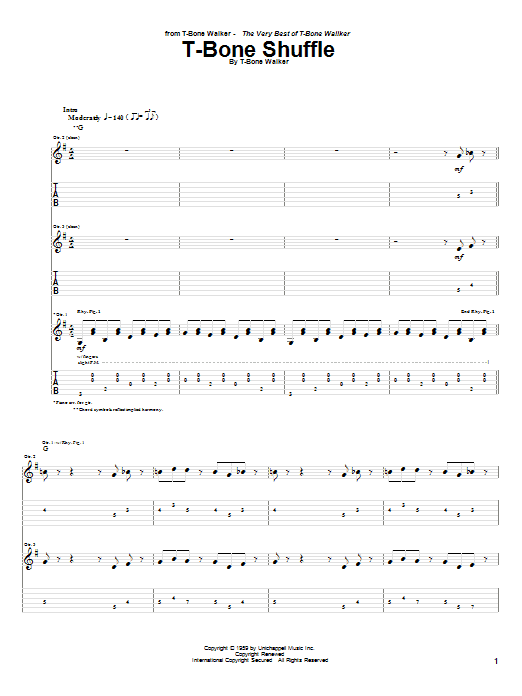 Download T-Bone Walker T-Bone Shuffle Sheet Music and learn how to play Easy Guitar Tab PDF digital score in minutes