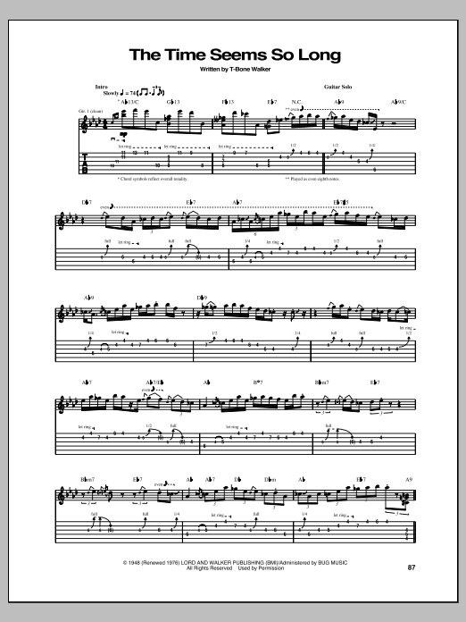 Download T-Bone Walker The Time Seems So Long Sheet Music and learn how to play Guitar Tab PDF digital score in minutes
