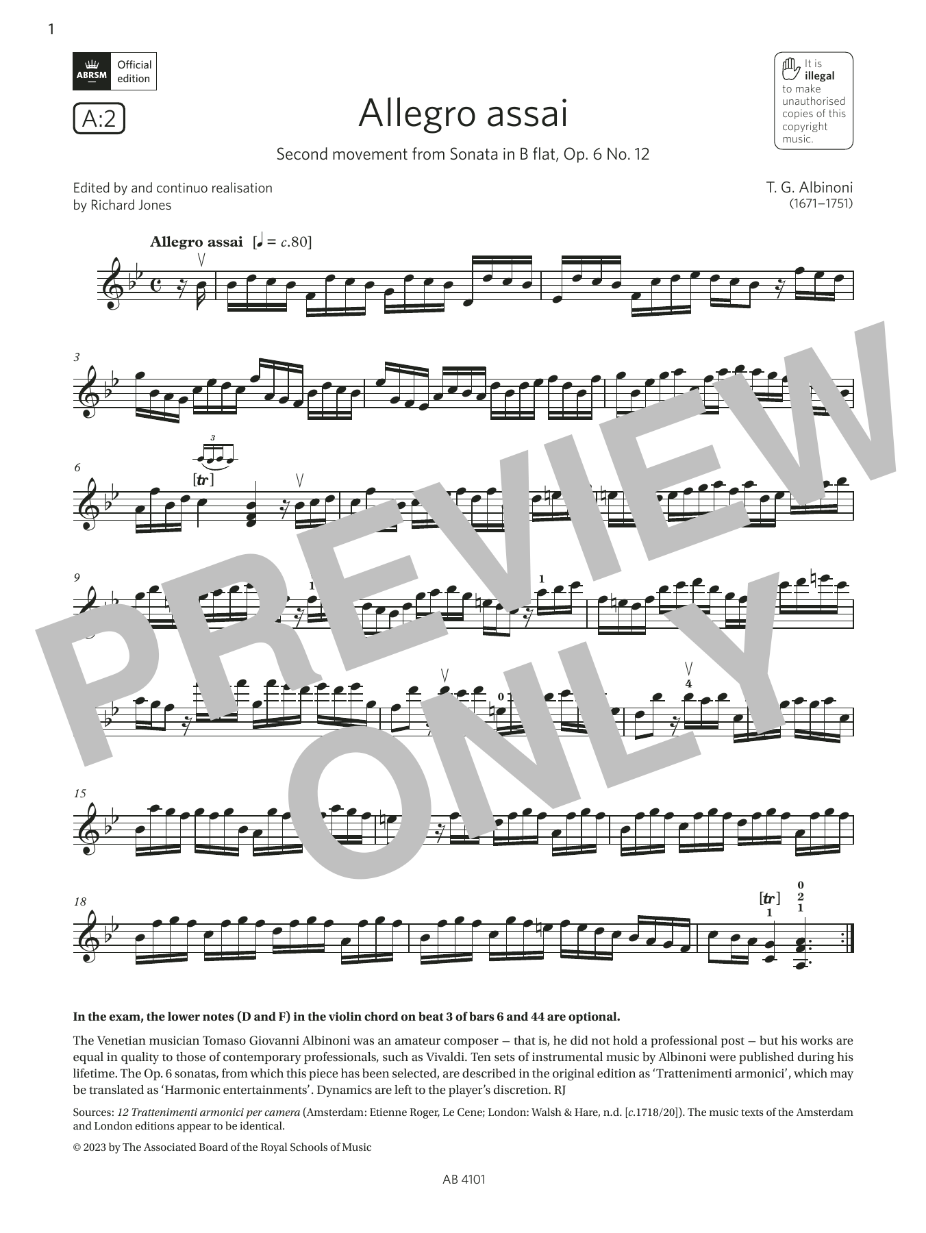 Download T. G. Albinoni Allegro assai (Grade 7, A2, from the ABRSM Violin Syllabus from 2024) Sheet Music and learn how to play Violin Solo PDF digital score in minutes