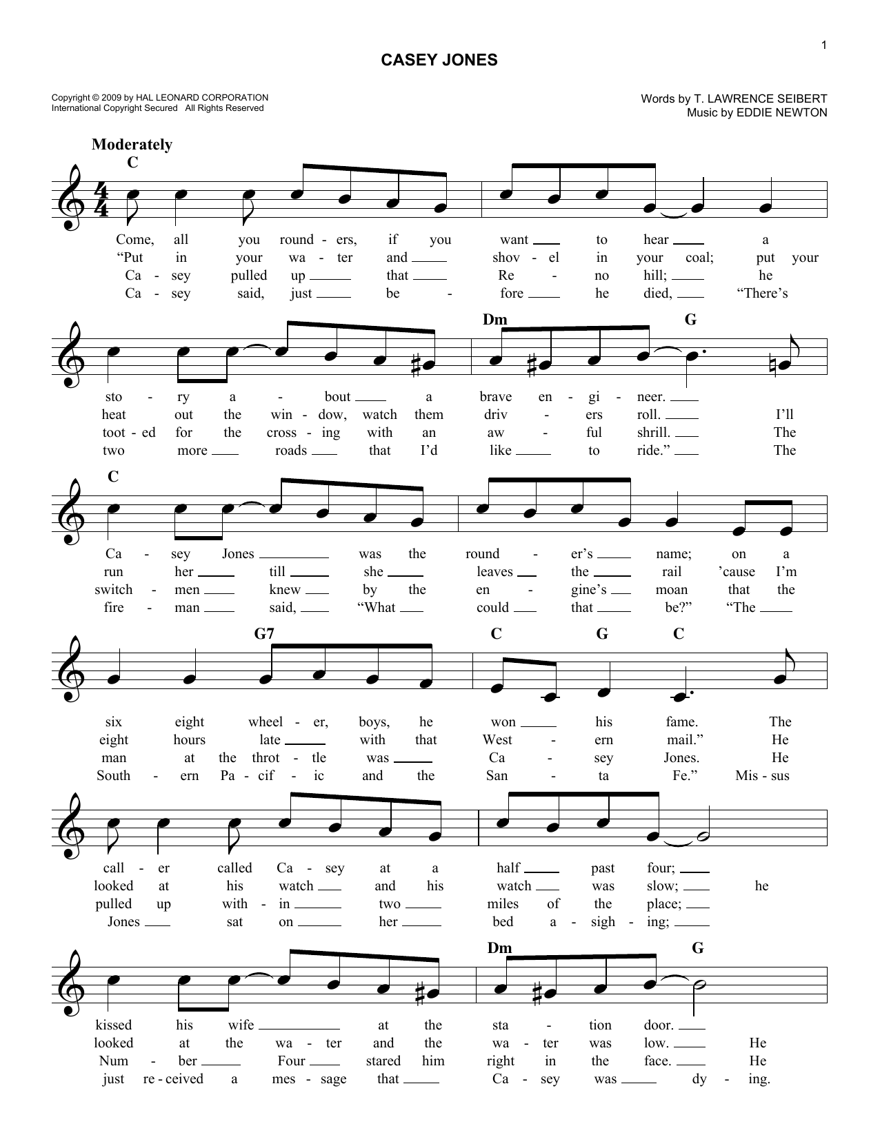 Download T. Lawrence Seibert Casey Jones Sheet Music and learn how to play Melody Line, Lyrics & Chords PDF digital score in minutes