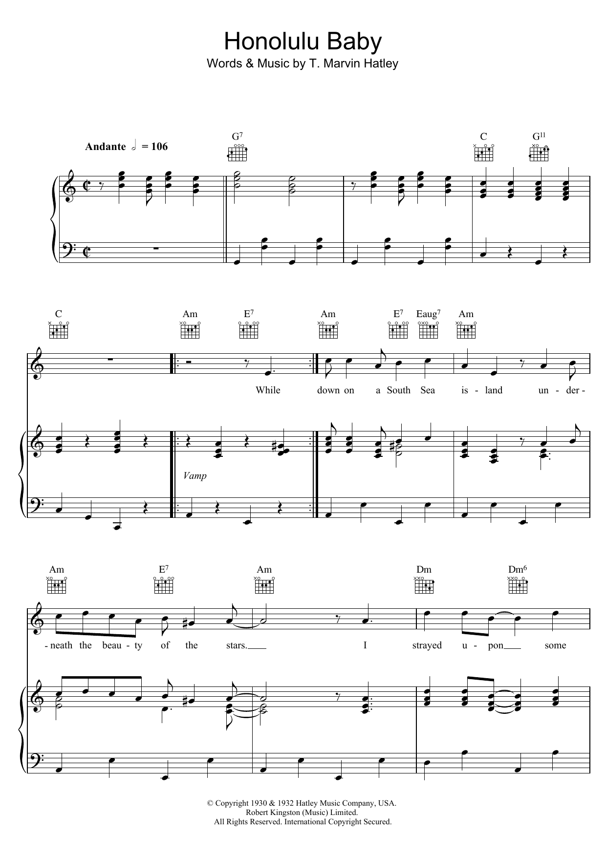 Download T. Marvin Hatley Honolulu Baby Sheet Music and learn how to play Piano, Vocal & Guitar (Right-Hand Melody) PDF digital score in minutes