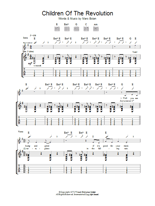 Download T. Rex Children Of The Revolution Sheet Music and learn how to play Lyrics & Chords PDF digital score in minutes