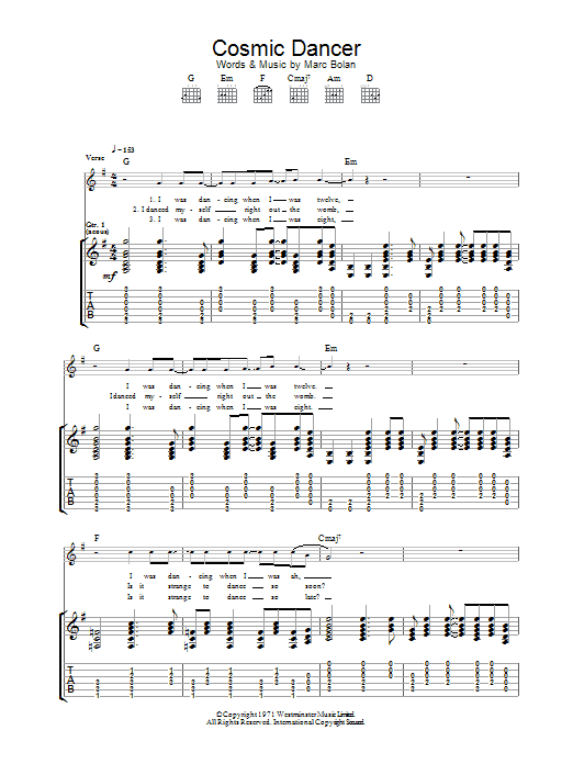 Download T. Rex Cosmic Dancer Sheet Music and learn how to play Ukulele PDF digital score in minutes