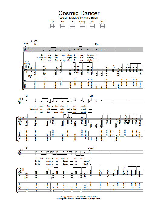 Download T. Rex Cosmic Dancer Sheet Music and learn how to play Lyrics & Chords PDF digital score in minutes