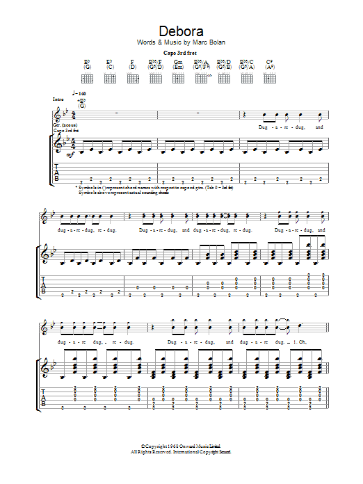 Download T. Rex Debora Sheet Music and learn how to play Guitar Tab PDF digital score in minutes