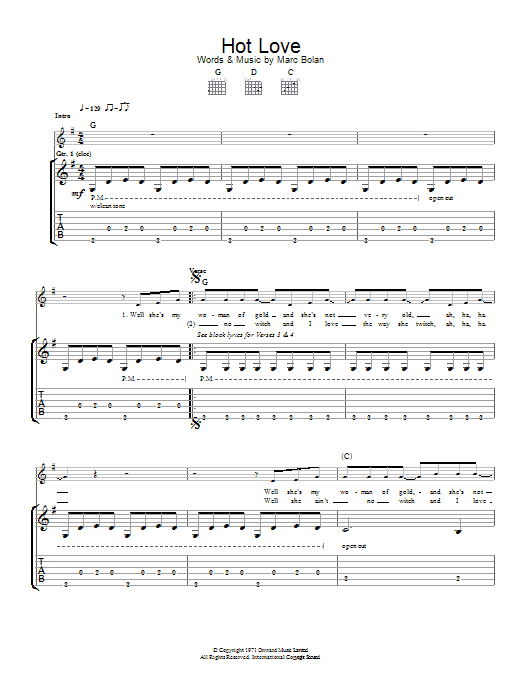 Download T. Rex Hot Love Sheet Music and learn how to play Guitar Tab PDF digital score in minutes