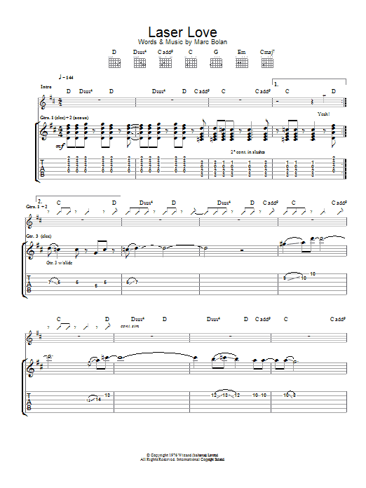 Download T. Rex Laser Love Sheet Music and learn how to play Guitar Tab PDF digital score in minutes