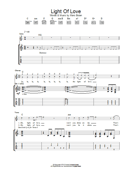 Download T. Rex Light Of Love Sheet Music and learn how to play Guitar Tab PDF digital score in minutes