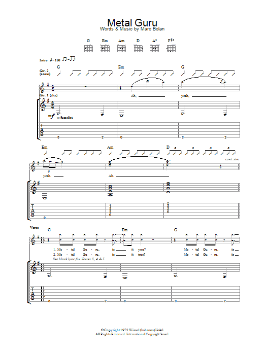 Download T. Rex Metal Guru Sheet Music and learn how to play Guitar Tab PDF digital score in minutes