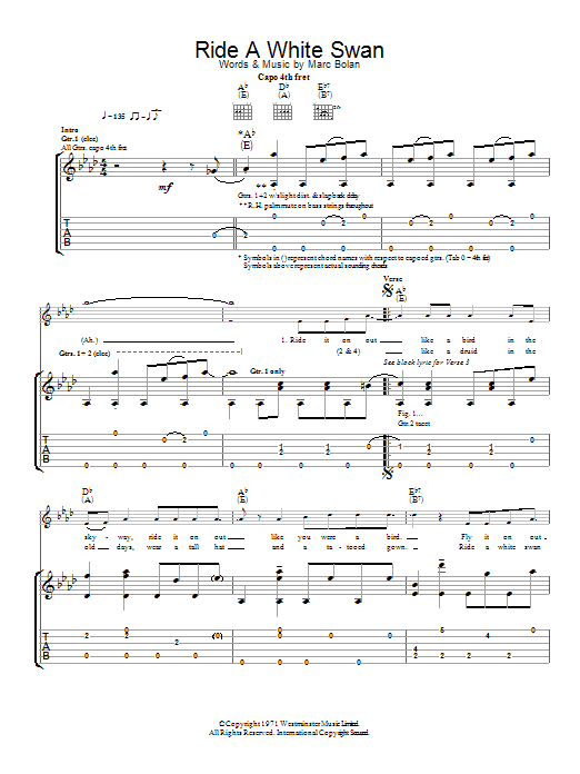 Download T. Rex Ride A White Swan Sheet Music and learn how to play Lyrics & Chords PDF digital score in minutes