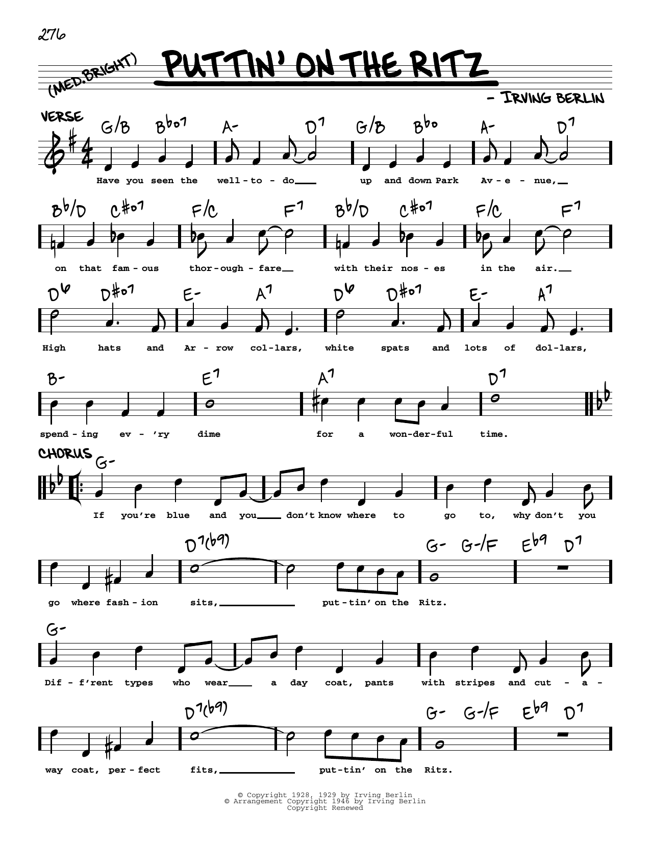 Download Taco Puttin' On The Ritz (arr. Robert Rawlins) Sheet Music and learn how to play Real Book – Melody, Lyrics & Chords PDF digital score in minutes