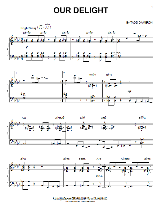 Download Tadd Dameron Our Delight (arr. Brent Edstrom) Sheet Music and learn how to play Piano Solo PDF digital score in minutes