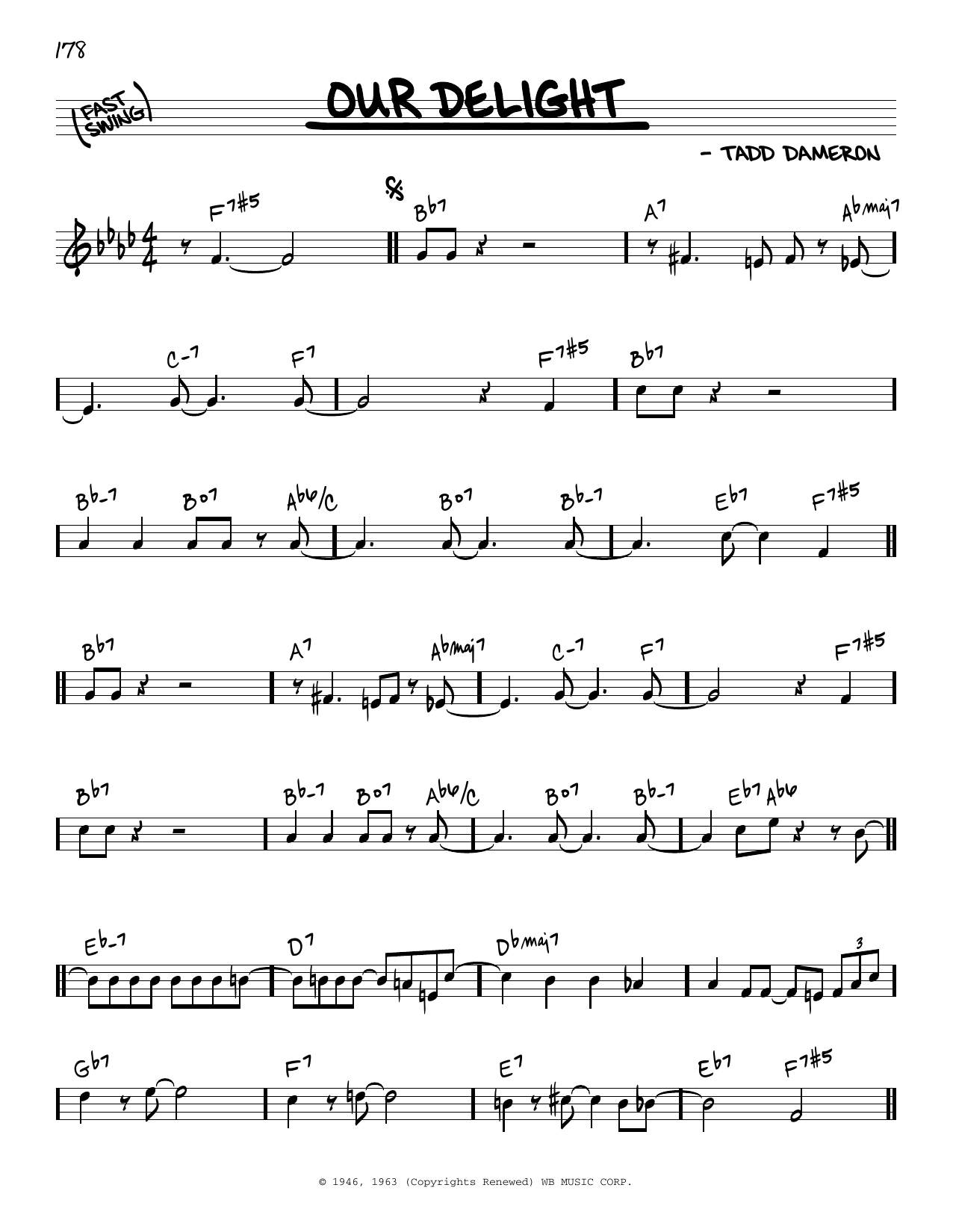 Download Tadd Dameron Our Delight Sheet Music and learn how to play Real Book – Melody & Chords PDF digital score in minutes