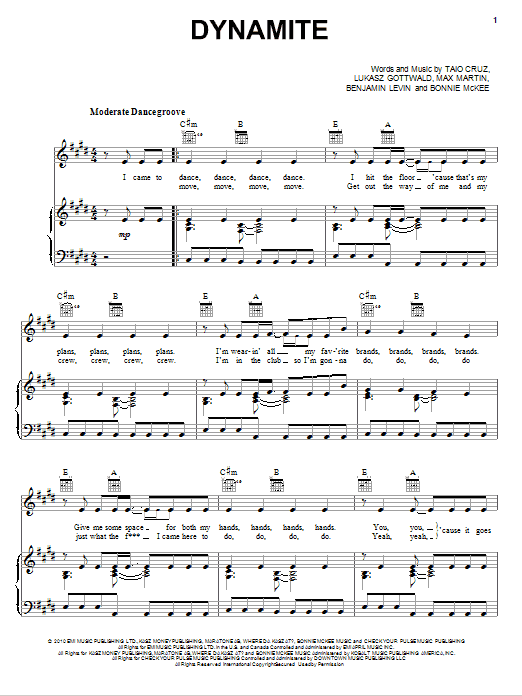 Download Taio Cruz Dynamite Sheet Music and learn how to play Piano, Vocal & Guitar (Right-Hand Melody) PDF digital score in minutes