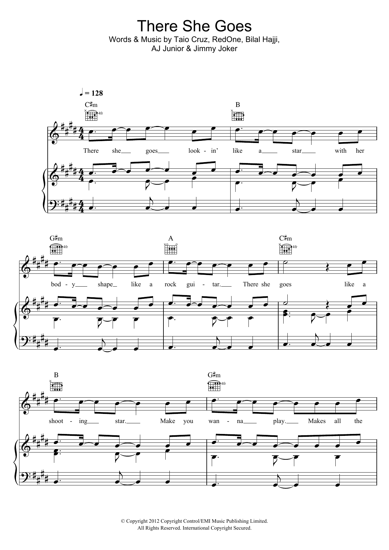 Download Taio Cruz There She Goes Sheet Music and learn how to play Piano, Vocal & Guitar (Right-Hand Melody) PDF digital score in minutes