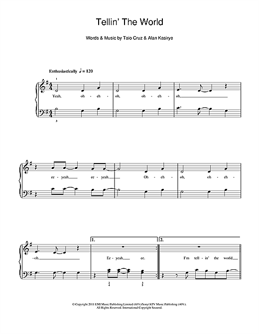 Download Taio Cruz Tellin' The World Sheet Music and learn how to play 5-Finger Piano PDF digital score in minutes