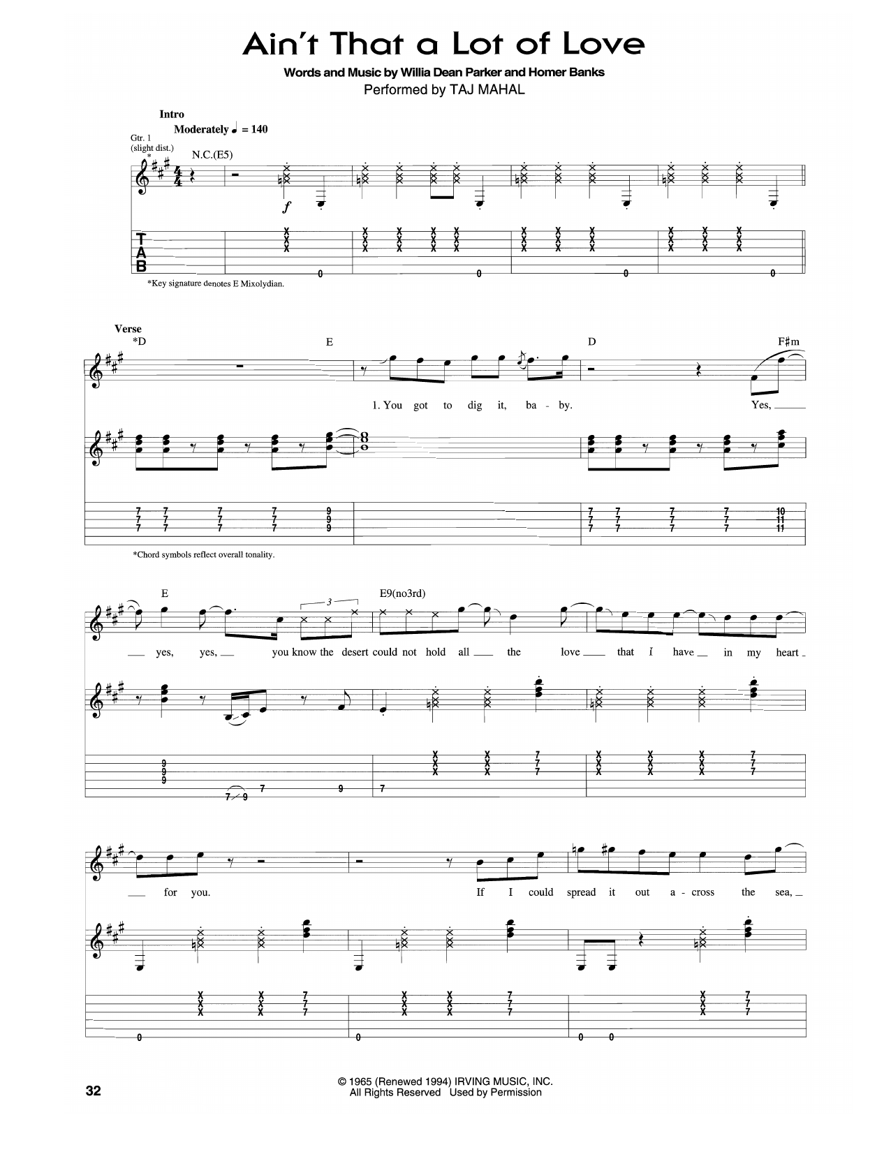 Download Taj Mahal Ain't That A Lot Of Love Sheet Music and learn how to play Guitar Tab PDF digital score in minutes