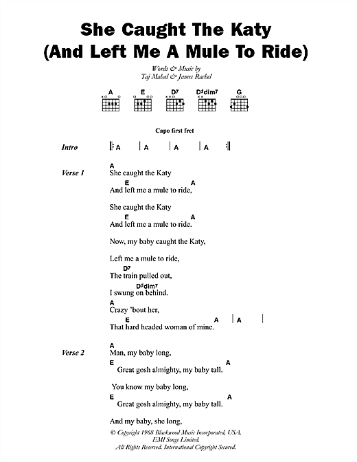 Download Taj Mahal She Caught The Katy (And Left Me A Mule To Ride) Sheet Music and learn how to play Lyrics & Chords PDF digital score in minutes