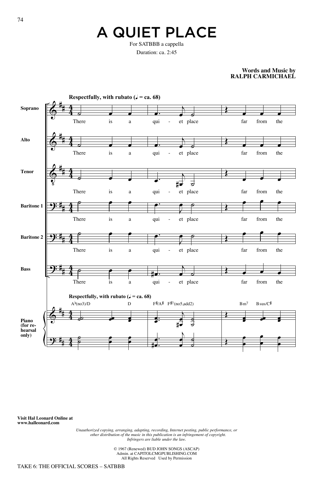 Download Take 6 A Quiet Place Sheet Music and learn how to play SATB Choir PDF digital score in minutes