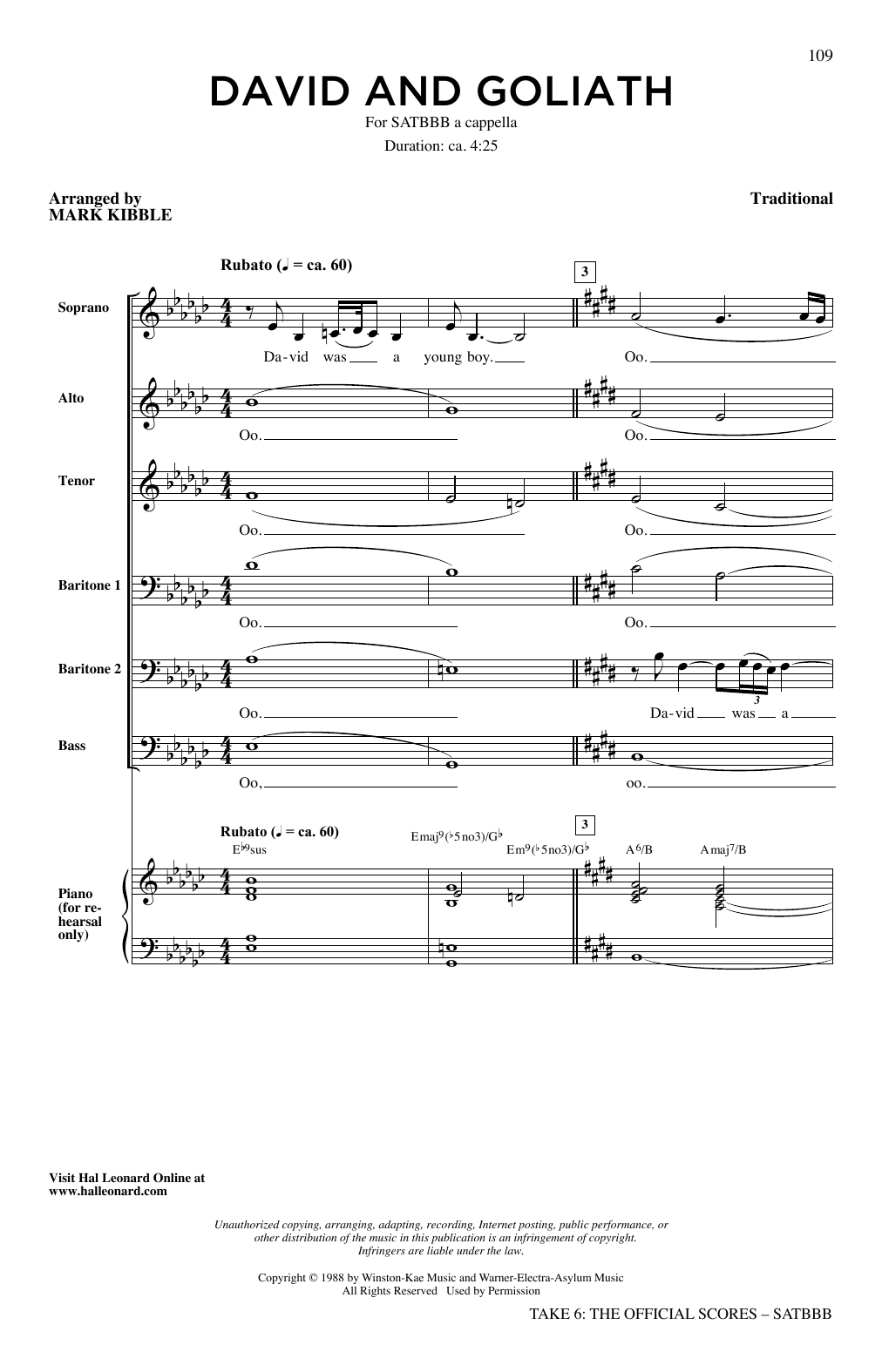 Download Take 6 David And Goliath Sheet Music and learn how to play SATB Choir PDF digital score in minutes