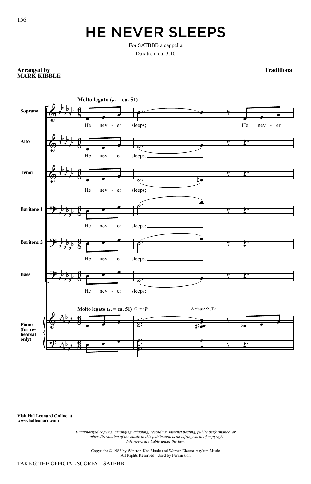 Download Take 6 He Never Sleeps Sheet Music and learn how to play SATB Choir PDF digital score in minutes