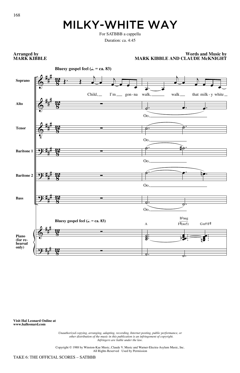 Download Take 6 Milky White Way Sheet Music and learn how to play SATB Choir PDF digital score in minutes