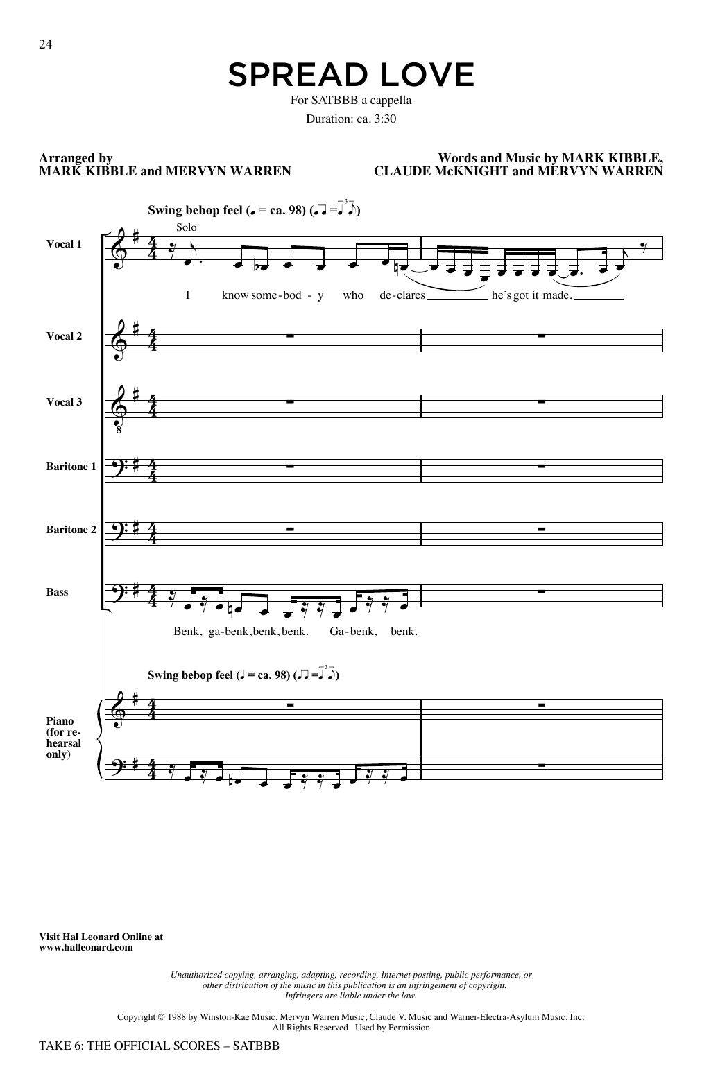 Download Take 6 Spread Love Sheet Music and learn how to play SATB Choir PDF digital score in minutes