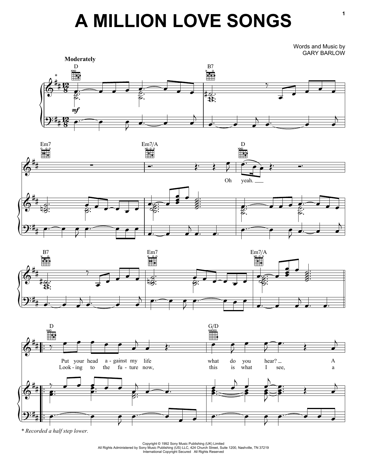 Download Take That A Million Love Songs Sheet Music and learn how to play Piano, Vocal & Guitar Chords (Right-Hand Melody) PDF digital score in minutes