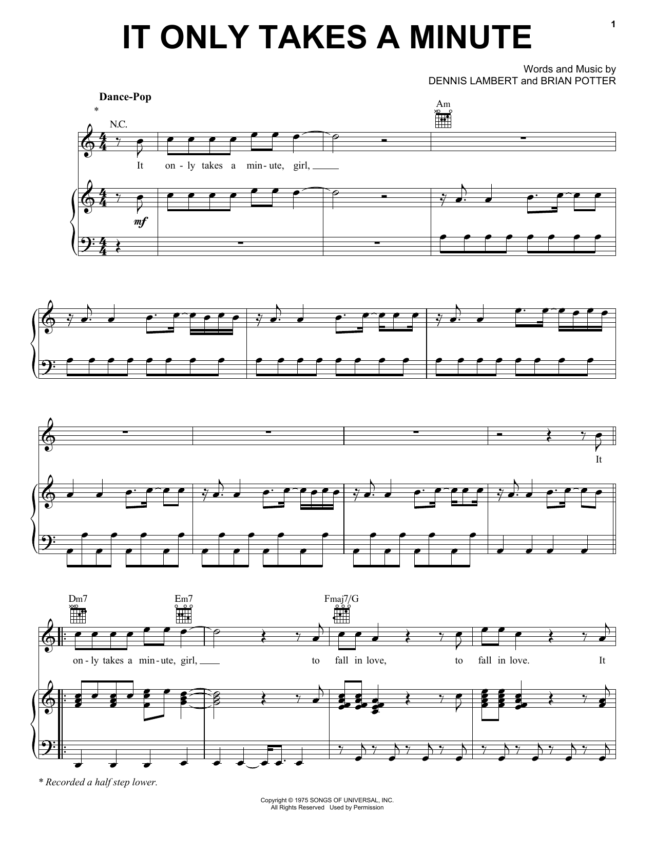 Download Take That It Only Takes A Minute Sheet Music and learn how to play Piano, Vocal & Guitar Chords (Right-Hand Melody) PDF digital score in minutes