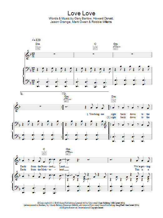 Download Take That Love Love Sheet Music and learn how to play Piano, Vocal & Guitar (Right-Hand Melody) PDF digital score in minutes