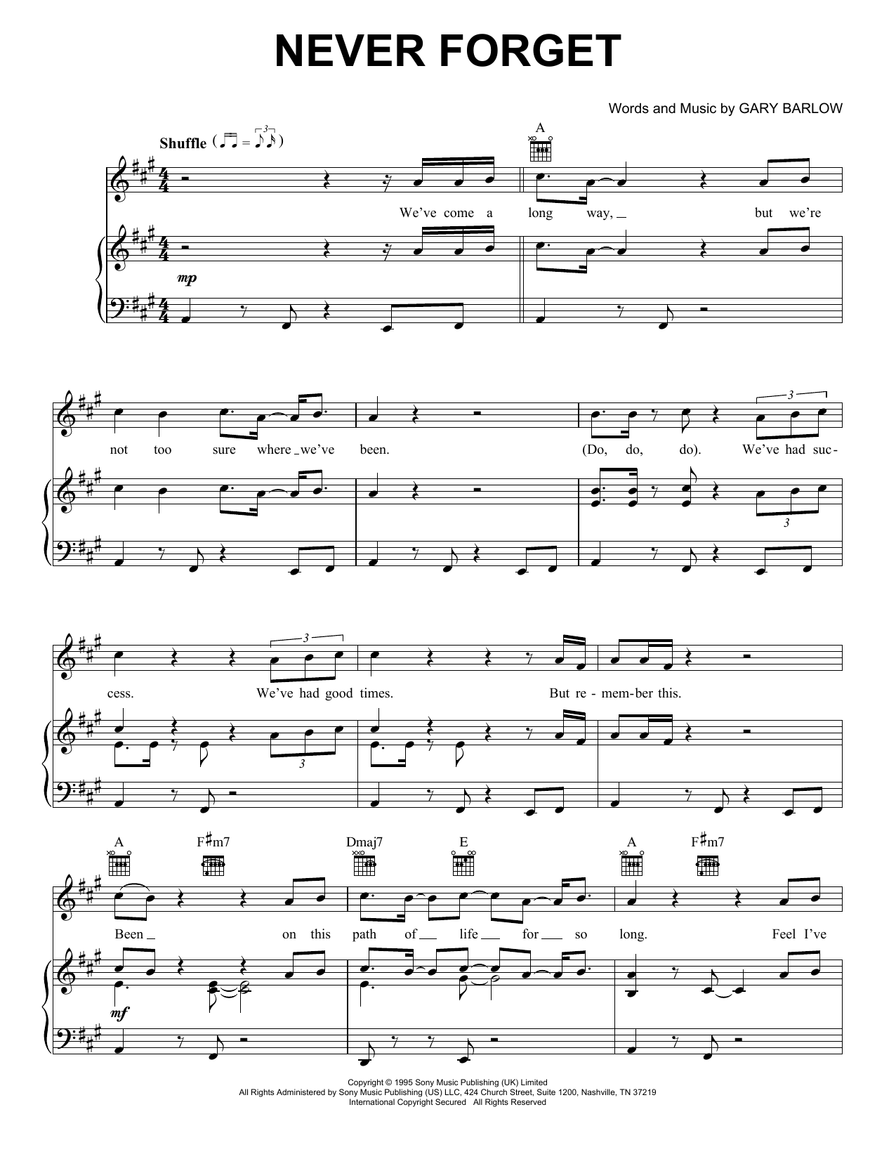 Download Take That Never Forget Sheet Music and learn how to play Piano, Vocal & Guitar Chords (Right-Hand Melody) PDF digital score in minutes
