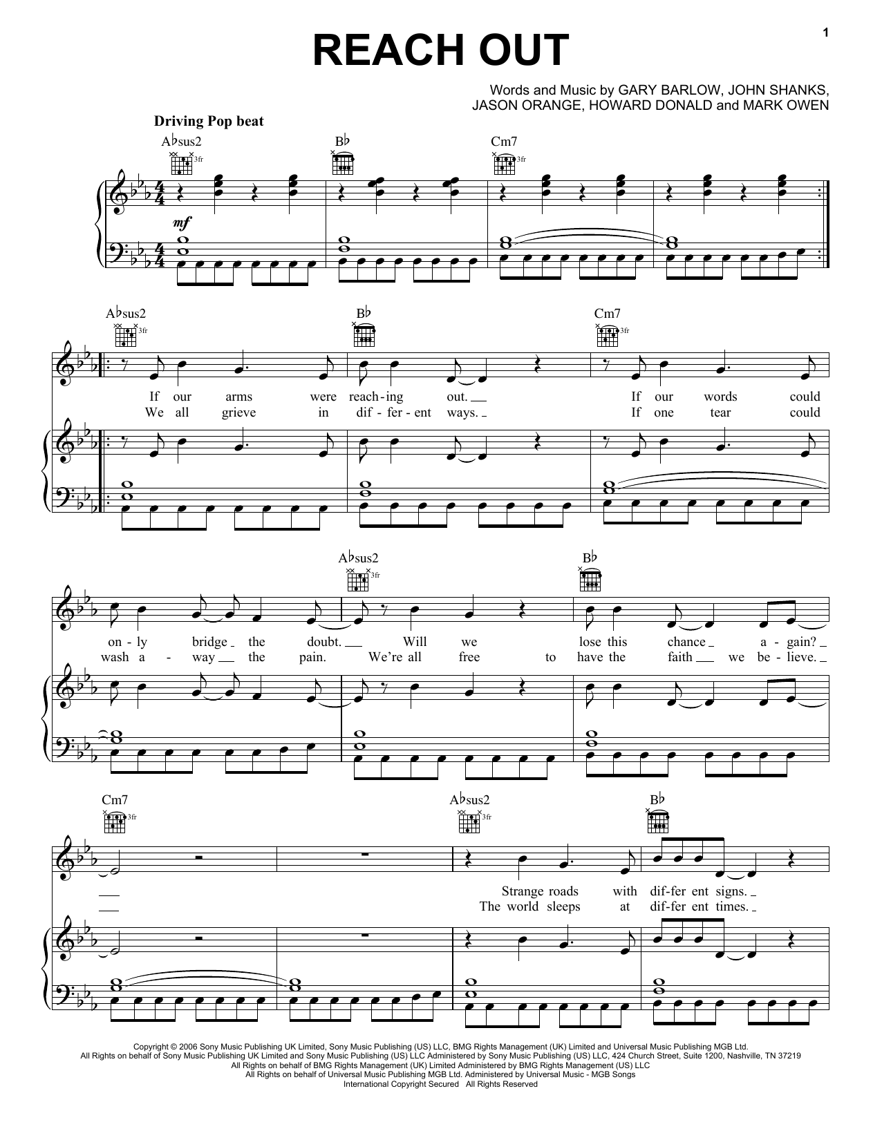 Download Take That Reach Out Sheet Music and learn how to play Piano, Vocal & Guitar Chords (Right-Hand Melody) PDF digital score in minutes