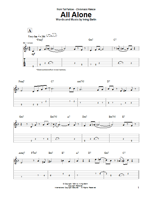 Download Tal Farlow All Alone Sheet Music and learn how to play Guitar Tab PDF digital score in minutes