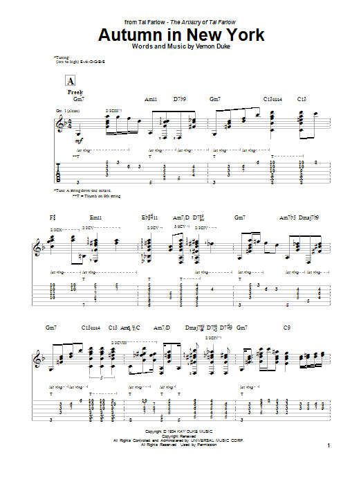 Download Tal Farlow Autumn In New York Sheet Music and learn how to play Guitar Tab PDF digital score in minutes