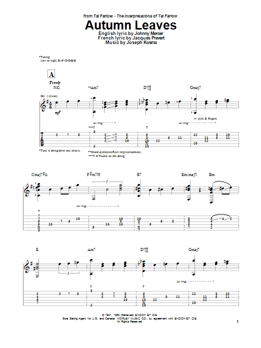 Download Tal Farlow Autumn Leaves Sheet Music and learn how to play Guitar Tab PDF digital score in minutes