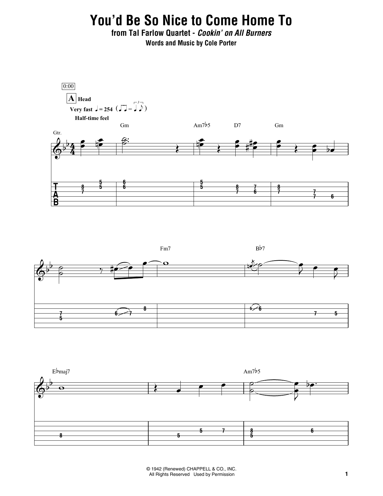 Download Tal Farlow Quartet You'd Be So Nice To Come Home To Sheet Music and learn how to play Electric Guitar Transcription PDF digital score in minutes