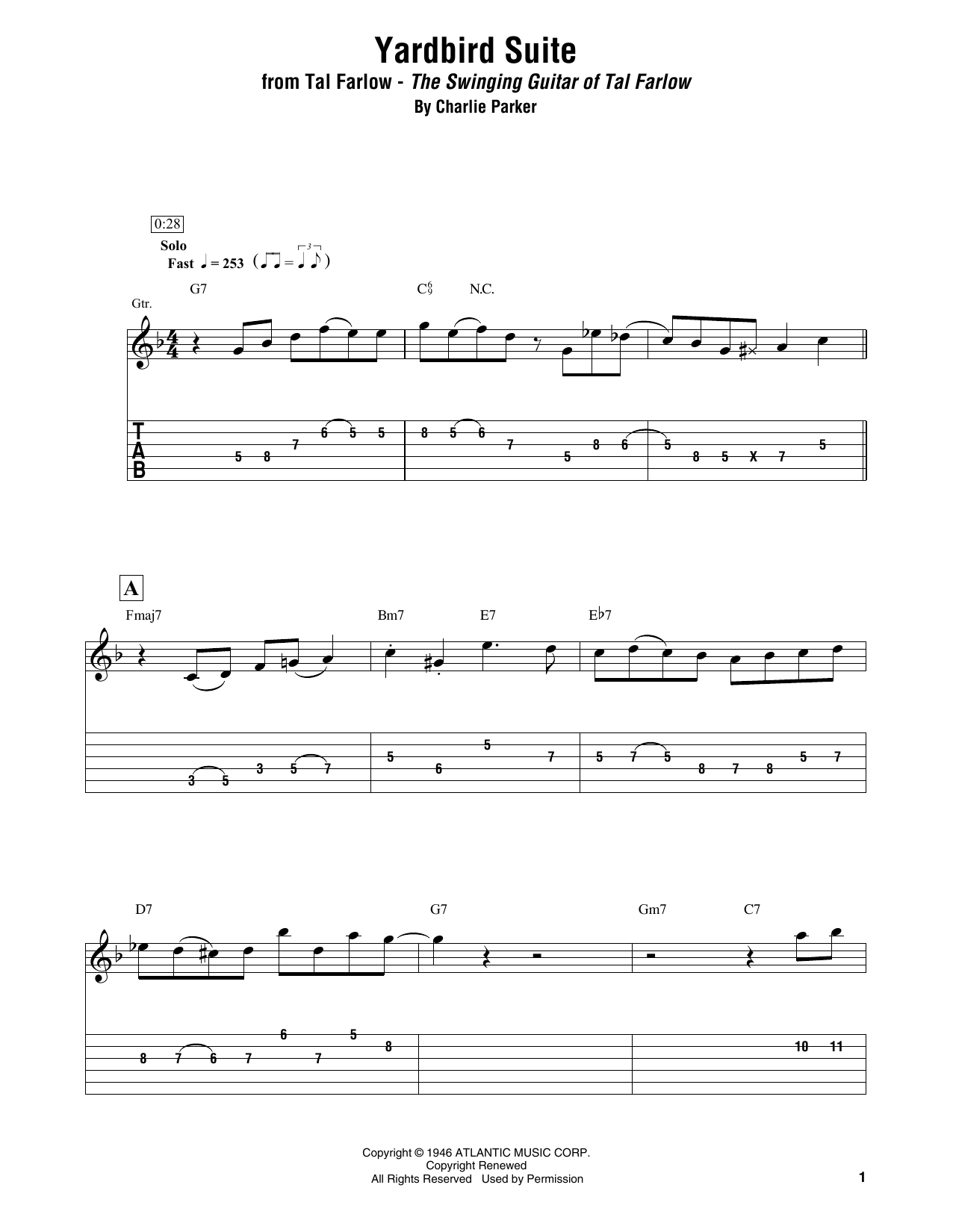 Download Tal Farlow Yardbird Suite Sheet Music and learn how to play Electric Guitar Transcription PDF digital score in minutes