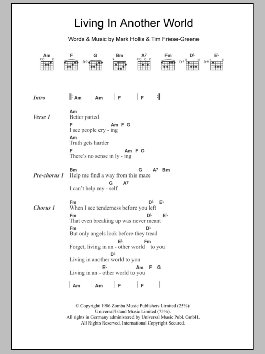 Download Talk Talk Living In Another World Sheet Music and learn how to play Lyrics & Chords PDF digital score in minutes