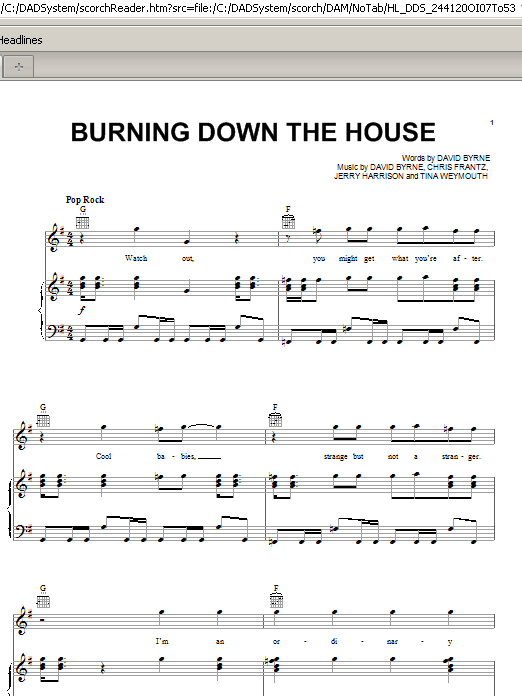 Download Talking Heads Burning Down The House Sheet Music and learn how to play Real Book – Melody, Lyrics & Chords PDF digital score in minutes