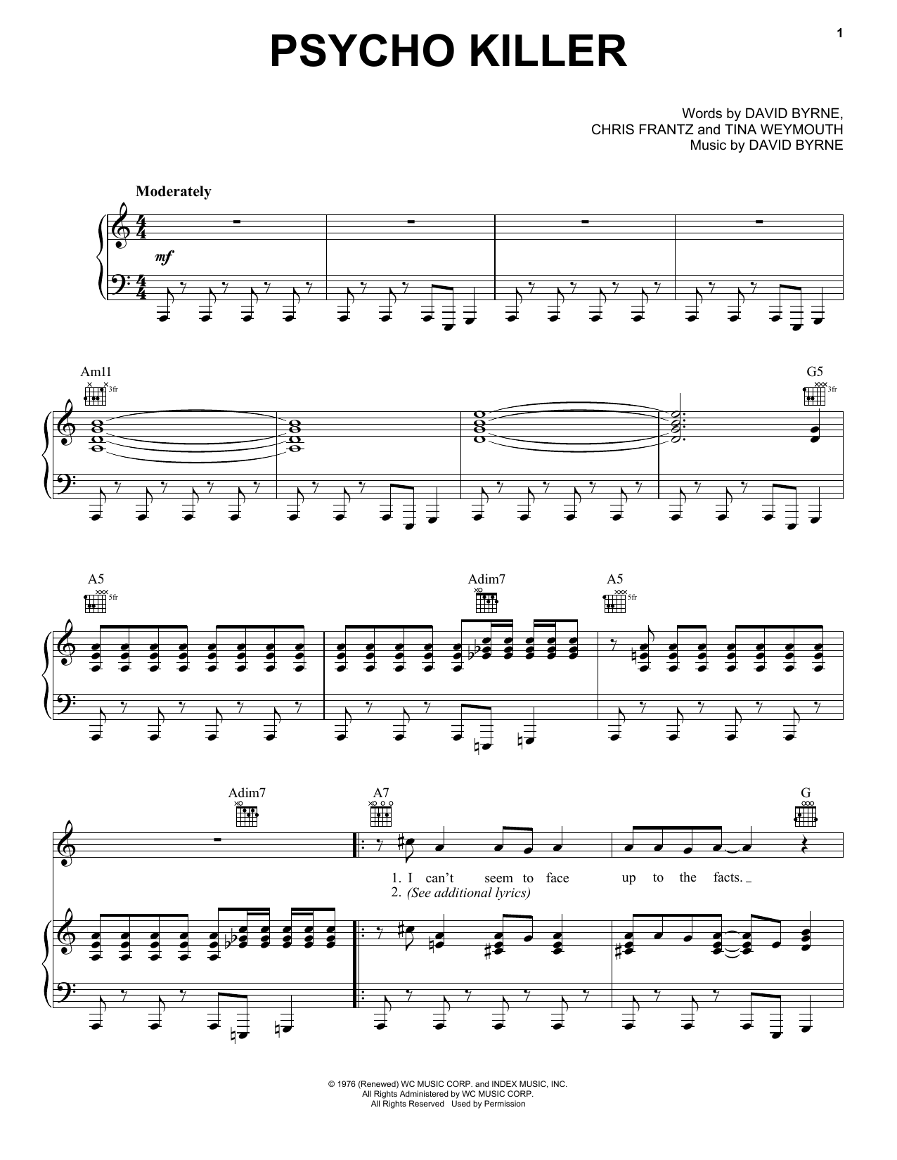 Download Talking Heads Psycho Killer Sheet Music and learn how to play Lyrics & Chords PDF digital score in minutes