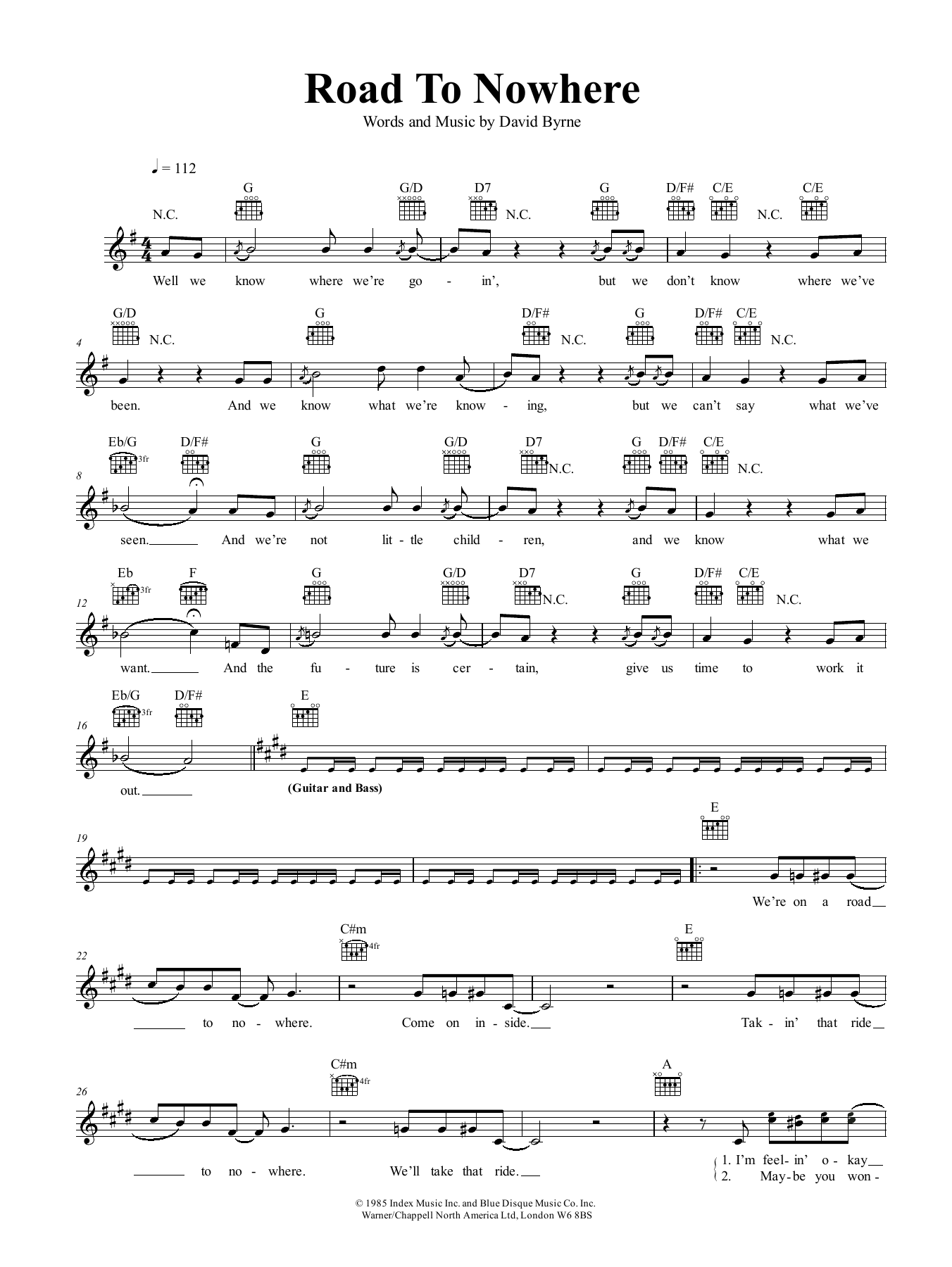 Download Talking Heads Road To Nowhere Sheet Music and learn how to play Guitar Chords/Lyrics PDF digital score in minutes