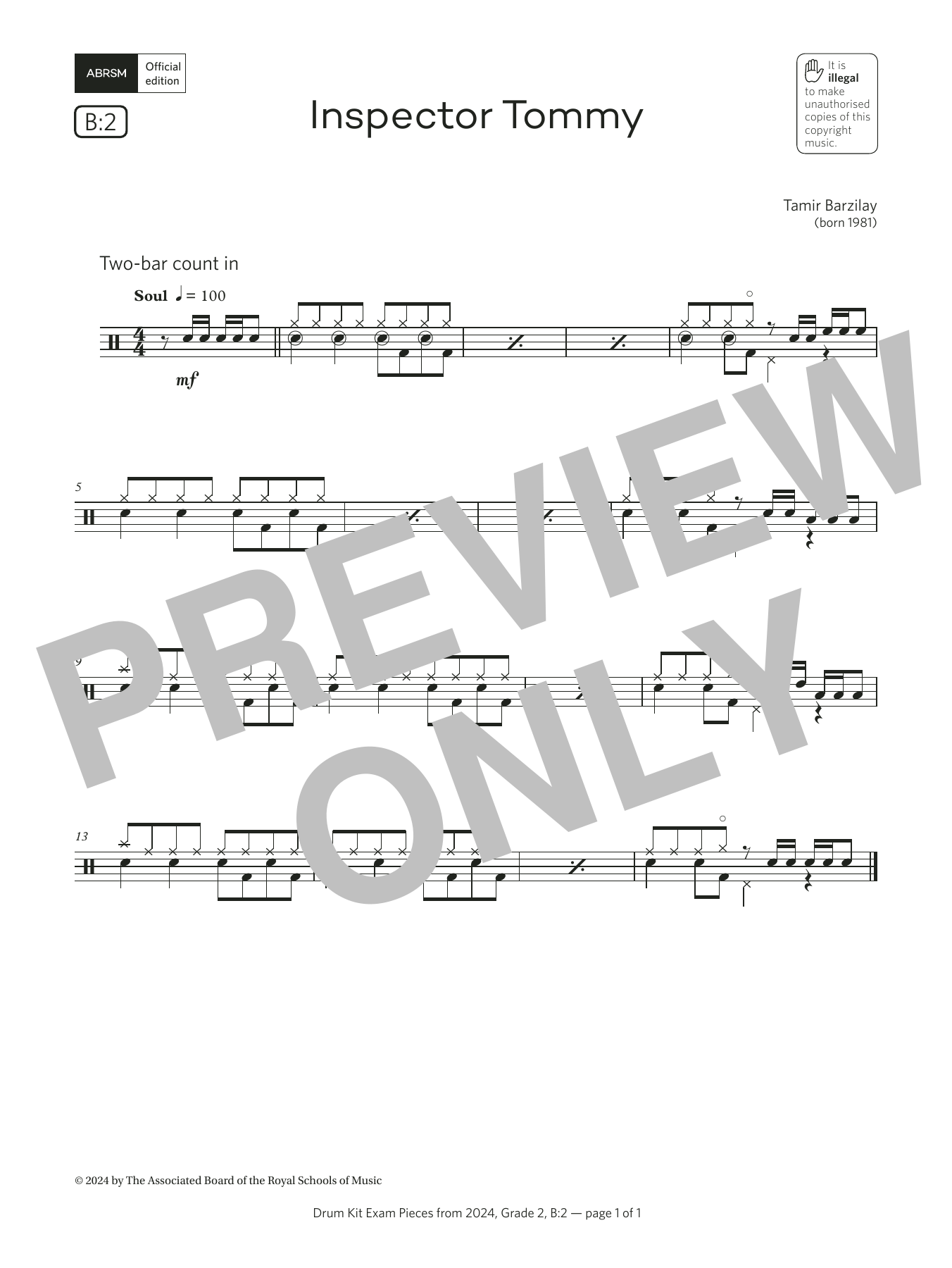 Download Tamir Barzilay Inspector Tommy (Grade 2, list B2, from the ABRSM Drum Kit Syllabus 2024) Sheet Music and learn how to play Drums PDF digital score in minutes
