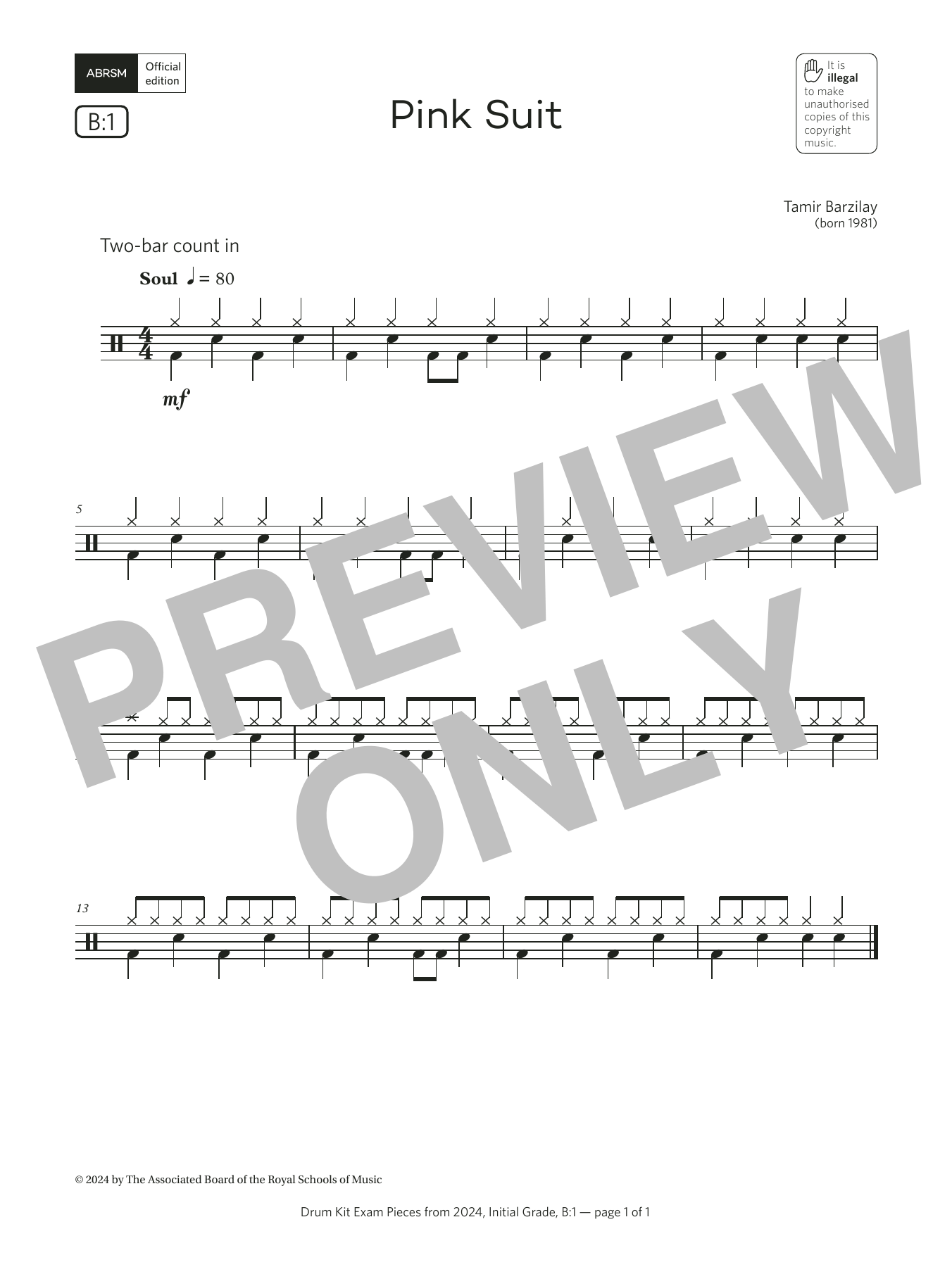 Download Tamir Barzilay Pink Suit (Grade Initial, list B1, from the ABRSM Drum Kit Syllabus 2024) Sheet Music and learn how to play Drums PDF digital score in minutes