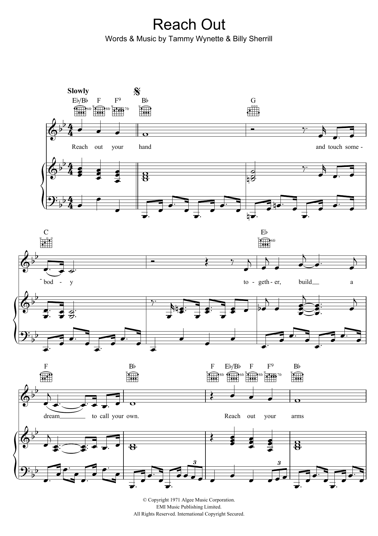 Download Tammy Wynette Reach Out Your Hand Sheet Music and learn how to play Piano, Vocal & Guitar (Right-Hand Melody) PDF digital score in minutes