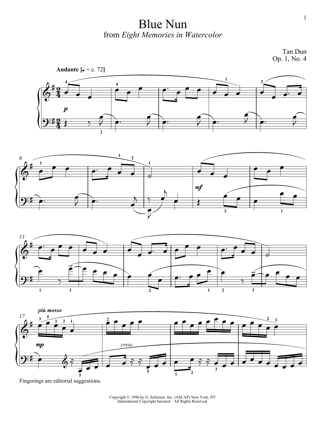 Download Tan Dun Blue Nun Sheet Music and learn how to play Piano PDF digital score in minutes