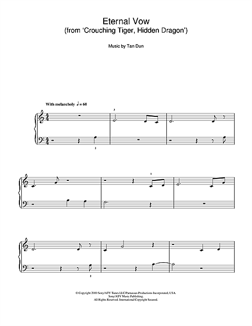 Download Tan Dun Eternal Vow (from Crouching Tiger, Hidden Dragon) Sheet Music and learn how to play 5-Finger Piano PDF digital score in minutes