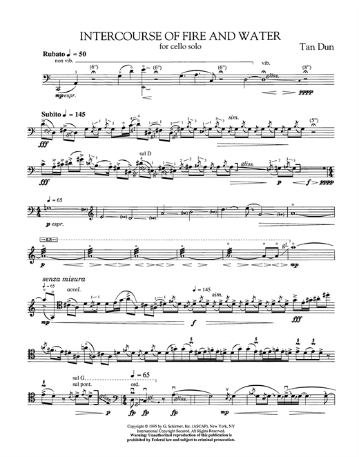 Download Tan Dun Intercourse Of Fire And Water For Solo Cello Sheet Music and learn how to play Cello PDF digital score in minutes